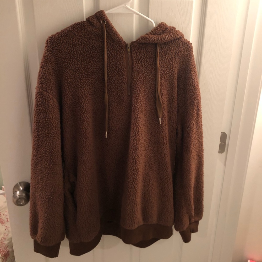 Brown fuzzy teddy quarter zip